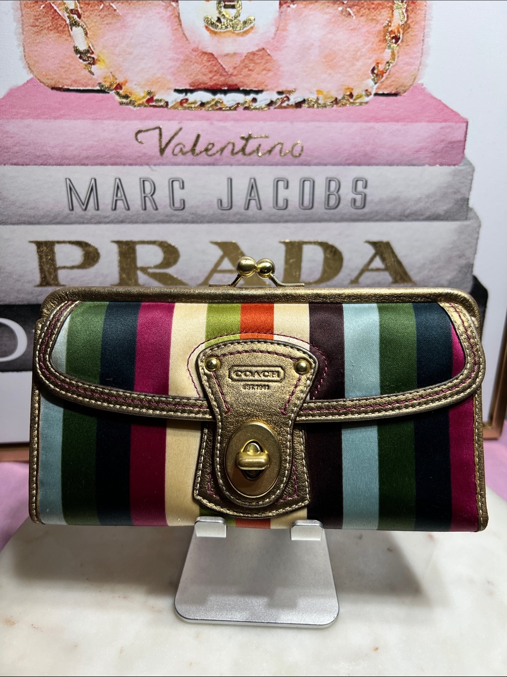 Coach Legacy Rare Vintage multicolor  satin kisslock Wallet Gold Trim leather